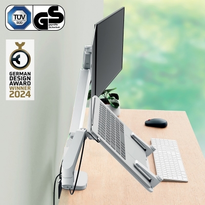 Suport pentru monitor Leitz Ergo, 2 brate ajustabile si extensibile, cu fixare pe birou, suport pentru laptop inclus, gri-carbune